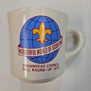 Vintage Boy Scout Mug 1979 '79 Wonderful World Indianhead Round-Up BSA White